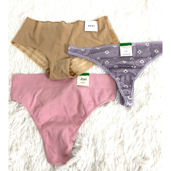 Bundle 3 Modern Mesh Underwear Thong Brief Panties Size L Floral Pink Purple - Picture 1 of 15